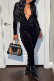 Pink Fashion Casual Solid Fold V Neck Long Sleeve Skinny Jumpsuits