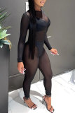 Black Fashion Sexy Patchwork See-through O Neck Skinny Jumpsuits