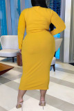 Yellow Fashion Casual Solid Bandage V Neck Plus Size Two Pieces