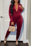 Pink Fashion Casual Solid Fold V Neck Long Sleeve Skinny Jumpsuits