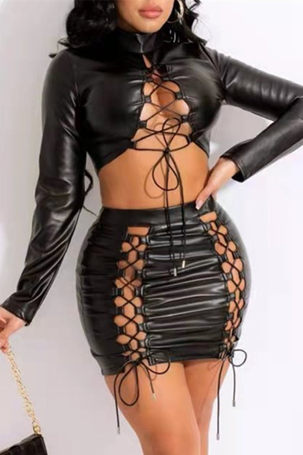 Black Fashion Sexy Solid Bandage Hollowed Out Turtleneck Long Sleeve Two Pieces