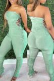 Pink Sexy Casual Solid Bandage Backless Fold Strapless Skinny Jumpsuits