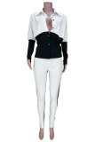 White Fashion Casual Patchwork Basic Turndown Collar Two Pieces