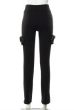Black Fashion Casual Solid Patchwork Regular High Waist Trousers