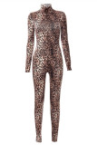 Multicolor Fashion Sexy Leopard Printing Turtleneck Skinny Jumpsuits