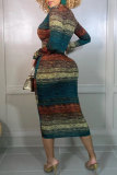 Multicolor Fashion Sexy Print Patchwork Zipper Collar Long Sleeve Dresses