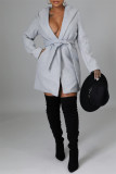 Light Gray Fashion Casual Solid Cardigan With Belt Turndown Collar Outerwear