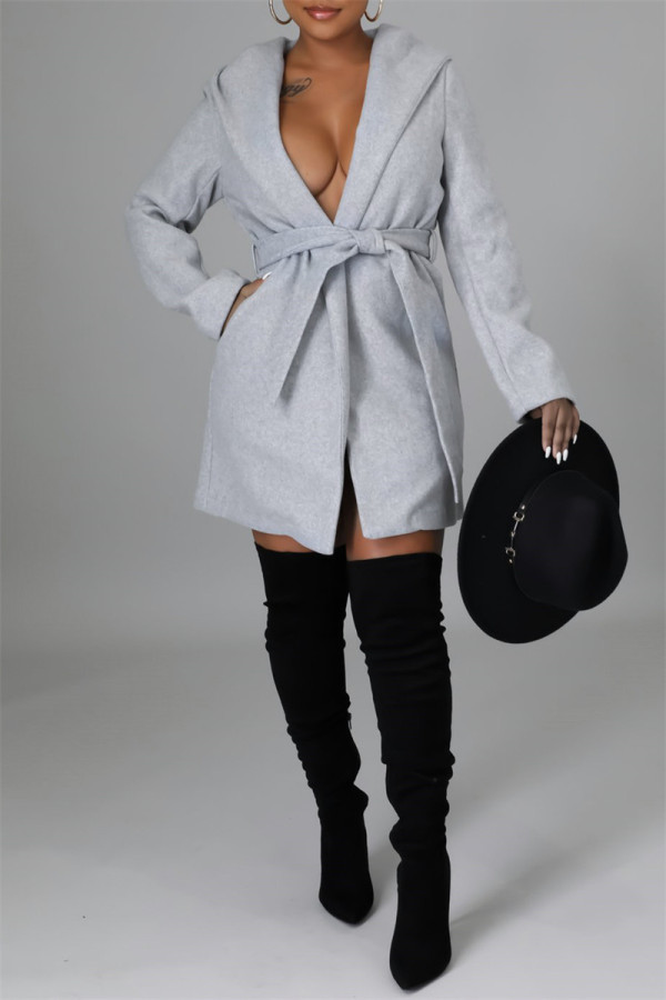 Light Gray Fashion Casual Solid Cardigan With Belt Turndown Collar Outerwear