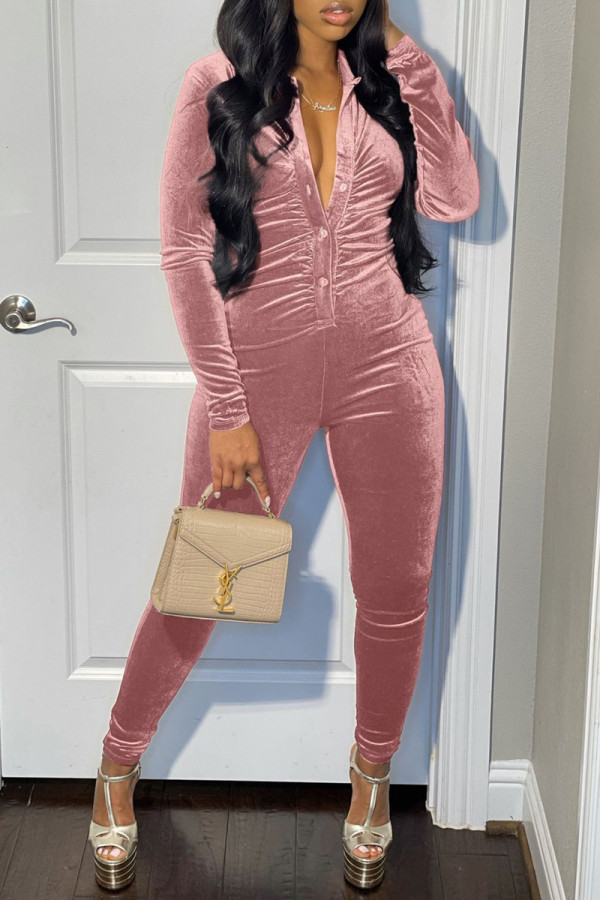 Pink Fashion Casual Solid Fold V Neck Long Sleeve Skinny Jumpsuits