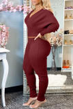Coffee Fashion Casual Solid Basic V Neck Long Sleeve Two Pieces