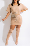 Apricot Fashion Casual Hot Drilling Basic O Neck Long Sleeve Dresses (Without Belt Bag)