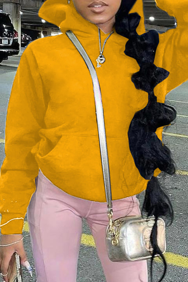 Yellow Fashion Casual Solid Basic Hooded Collar Tops