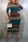 Multicolor Fashion Sexy Print Patchwork Zipper Collar Long Sleeve Dresses