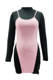 Black Pink Fashion Casual Solid Patchwork Slit Turtleneck Long Sleeve Two Pieces