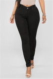 Black Fashion Casual Solid Basic Mid Waist Skinny Denim Jeans
