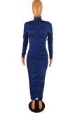 Blue Sexy Print Patchwork Fold Turtleneck Dresses