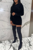 Deep Blue Fashion Casual Solid Basic O Neck Long Sleeve Two Pieces