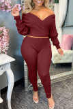 Coffee Fashion Casual Solid Basic V Neck Long Sleeve Two Pieces