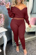Burgundy Fashion Casual Solid Basic V Neck Long Sleeve Two Pieces
