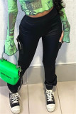Black Fashion Casual Solid Patchwork Regular High Waist Trousers