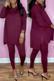 Burgundy Fashion Casual Solid Basic Turtleneck Long Sleeve Two Pieces
