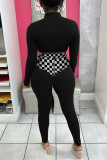 Black Fashion Casual Plaid Print Patchwork Turtleneck Long Sleeve Two Pieces