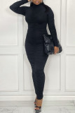 Blue Sexy Print Patchwork Fold Turtleneck Dresses