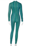 Green Fashion Casual Print Basic Turtleneck Skinny Jumpsuits