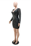 Gold Fashion Sexy Patchwork Hot Drill V Neck Long Sleeve Dresses