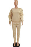Apricot Casual Solid Split Joint O Neck Long Sleeve Two Pieces