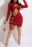 Black Fashion Sexy Solid Hollowed Out Turtleneck Long Sleeve Dresses