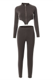 Brown Fashion Sexy Solid Asymmetrical Zipper Collar Long Sleeve Two Pieces