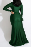 Red Fashion Sexy Solid Slit Fold V Neck Long Sleeve Evening Dress