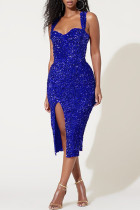 Blue Fashion Sexy Patchwork Sequins Backless Slit Square Collar Sling Dress