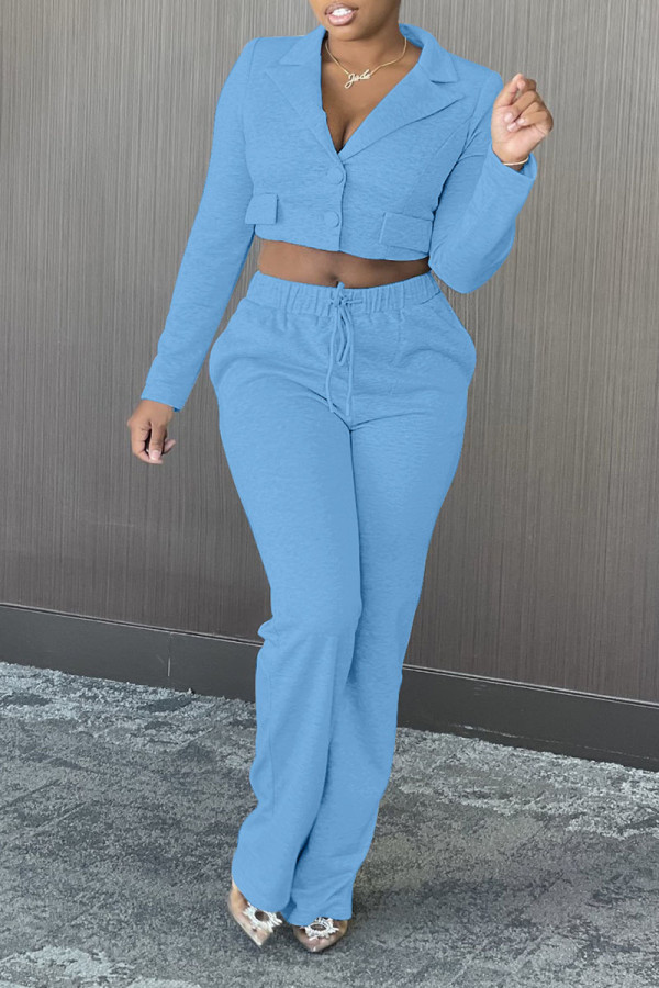 Blue Casual Solid Patchwork Buckle Turn-back Collar Long Sleeve Two Pieces