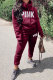 Burgundy Fashion Casual Letter Print Basic Hooded Collar Long Sleeve Two Pieces