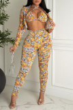 Yellow Fashion Print Cardigan Vests Pants Long Sleeve Three-piece Set