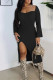 Black Fashion Sexy Solid Slit Square Collar Long Sleeve Dresses