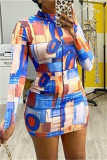 Blue Fashion Casual Print Basic Turtleneck Long Sleeve Dresses