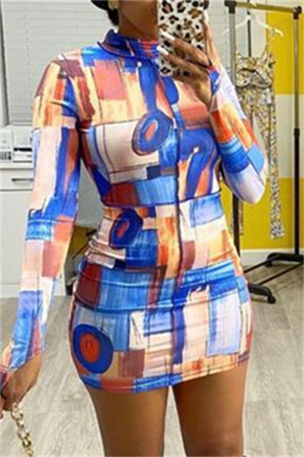 Blue Fashion Casual Print Basic Turtleneck Long Sleeve Dresses