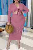Pink Fashion Casual Solid Bandage V Neck Plus Size Two Pieces