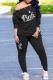 Black Fashion Casual Letter Print Basic Oblique Collar Long Sleeve Two Pieces