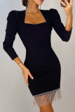 Black Elegant Solid Tassel Patchwork Square Collar One Step Skirt Dresses