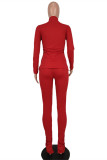 Red Fashion Casual Solid Slit O Neck Long Sleeve Two Pieces