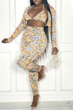 Yellow Fashion Print Cardigan Vests Pants Long Sleeve Three-piece Set