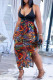 Colour Sexy Print Patchwork Backless Slit Halter Sleeveless Dress