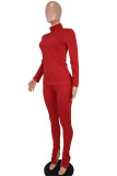 Red Fashion Casual Solid Slit O Neck Long Sleeve Two Pieces