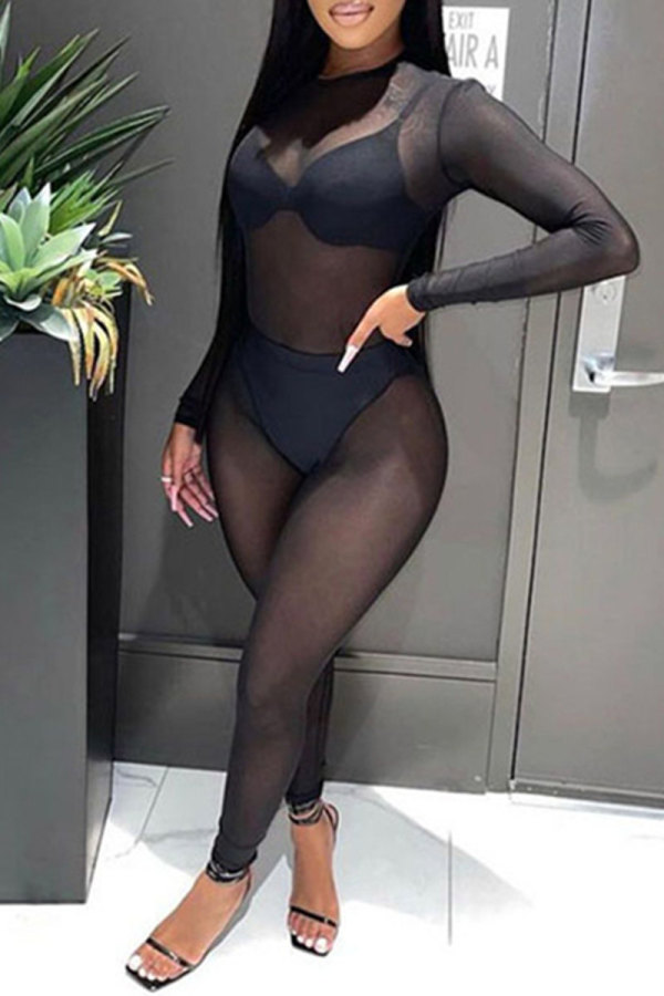 Black Fashion Sexy Patchwork See-through O Neck Skinny Jumpsuits