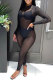 Black Fashion Sexy Patchwork See-through O Neck Skinny Jumpsuits