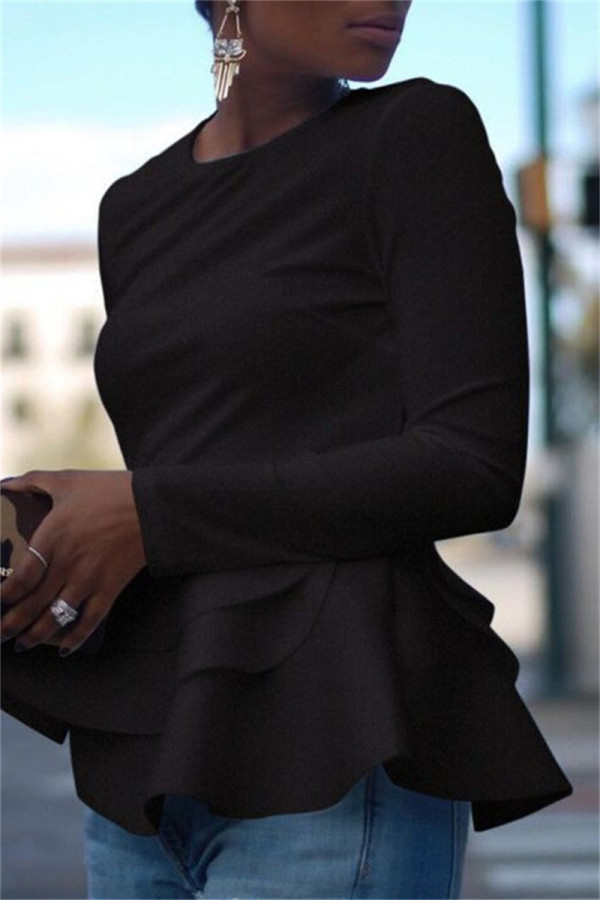 Black Fashion Casual Solid Basic O Neck Tops